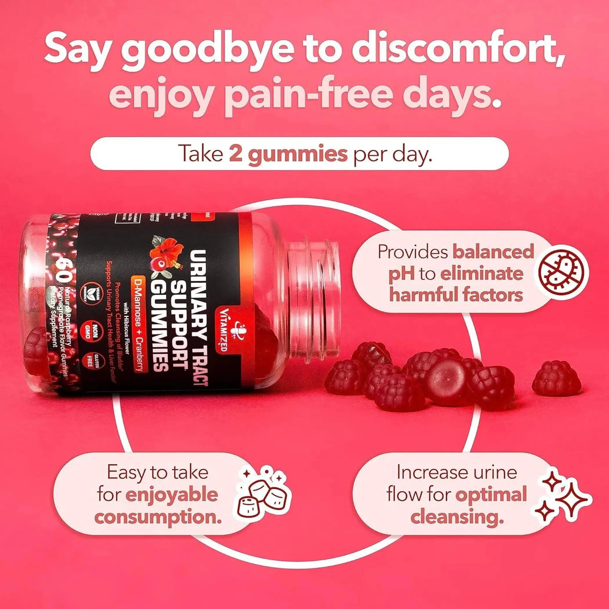 Potent Cranberry Gummies 1500mg with D Mannose Urinary Tract Health for Women &amp; Men Urinary Flush &amp; Bladder Fast Acting Support Supplements with Hibis Vitamized