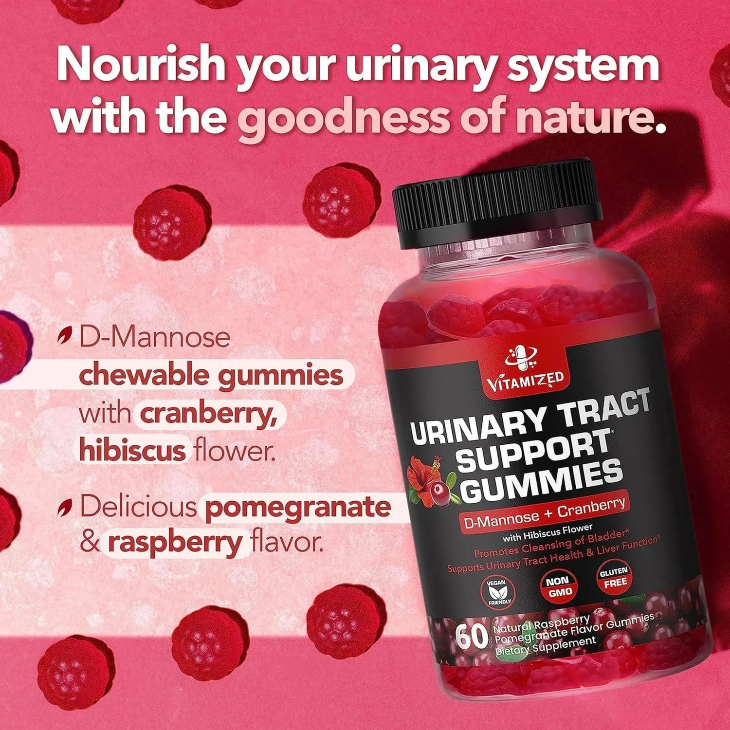 Potent Cranberry Gummies 1500mg with D Mannose Urinary Tract Health for Women &amp; Men Urinary Flush &amp; Bladder Fast Acting Support Supplements with Hibis Vitamized