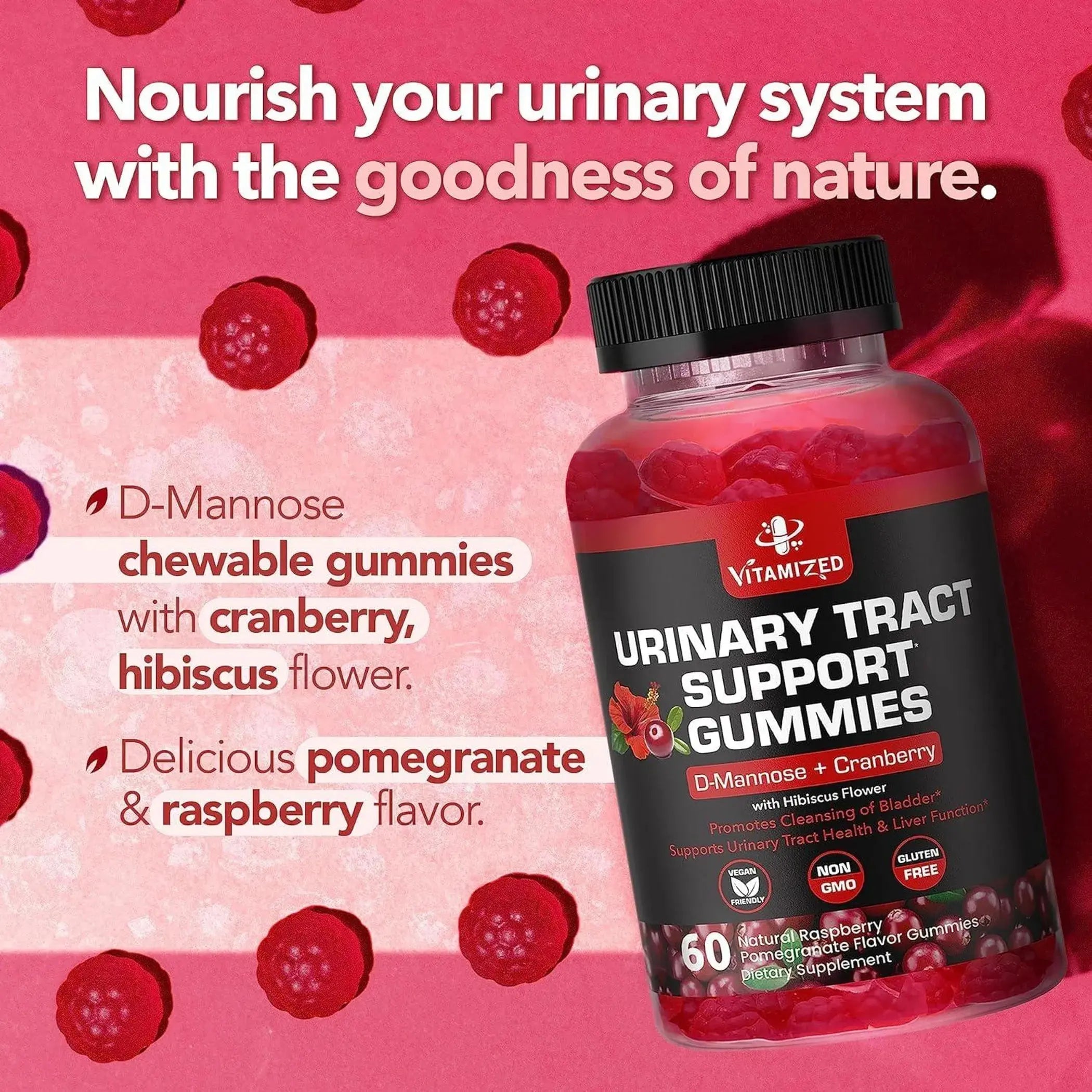 Potent Cranberry Gummies 1500mg with D Mannose Urinary Tract Health for Women &amp; Men Urinary Flush &amp; Bladder Fast Acting Support Supplements with Hibis Vitamized